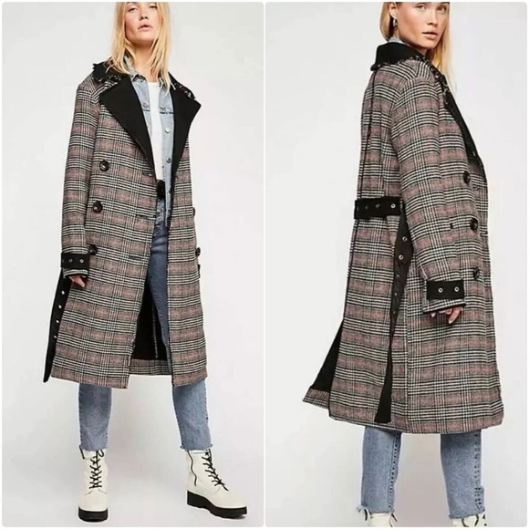 FREE PEOPLE Houndstooth Long line Trench Coat - Picture 2 of 5